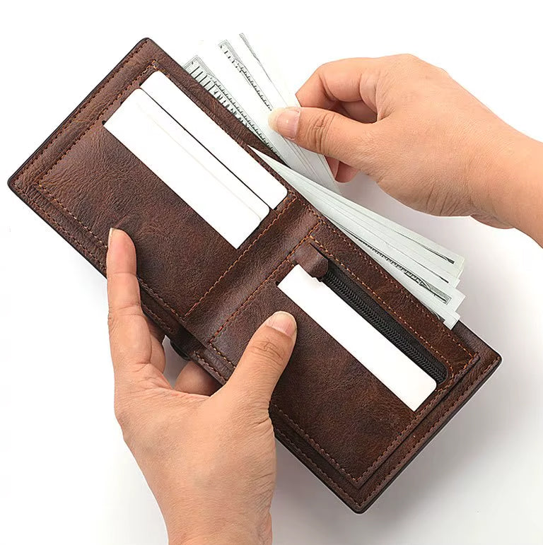 Brown leather wallet with card slots being used by hands on a white background for credit cards and brokerage in roman republic