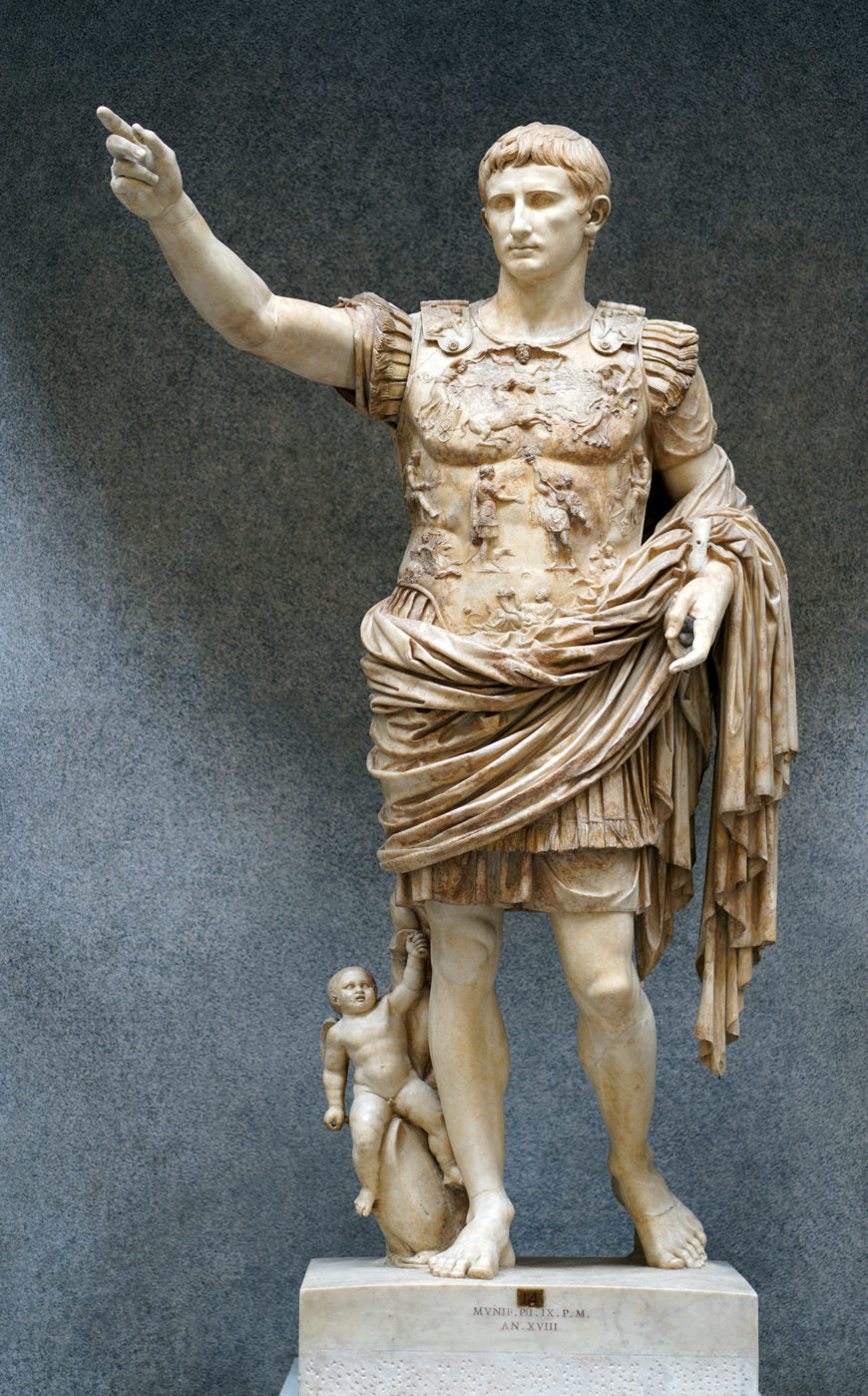 Roman Emperor Augustus as a statue pointing with his finger in the air symbolizing his power and reign over the Roman Empire Store