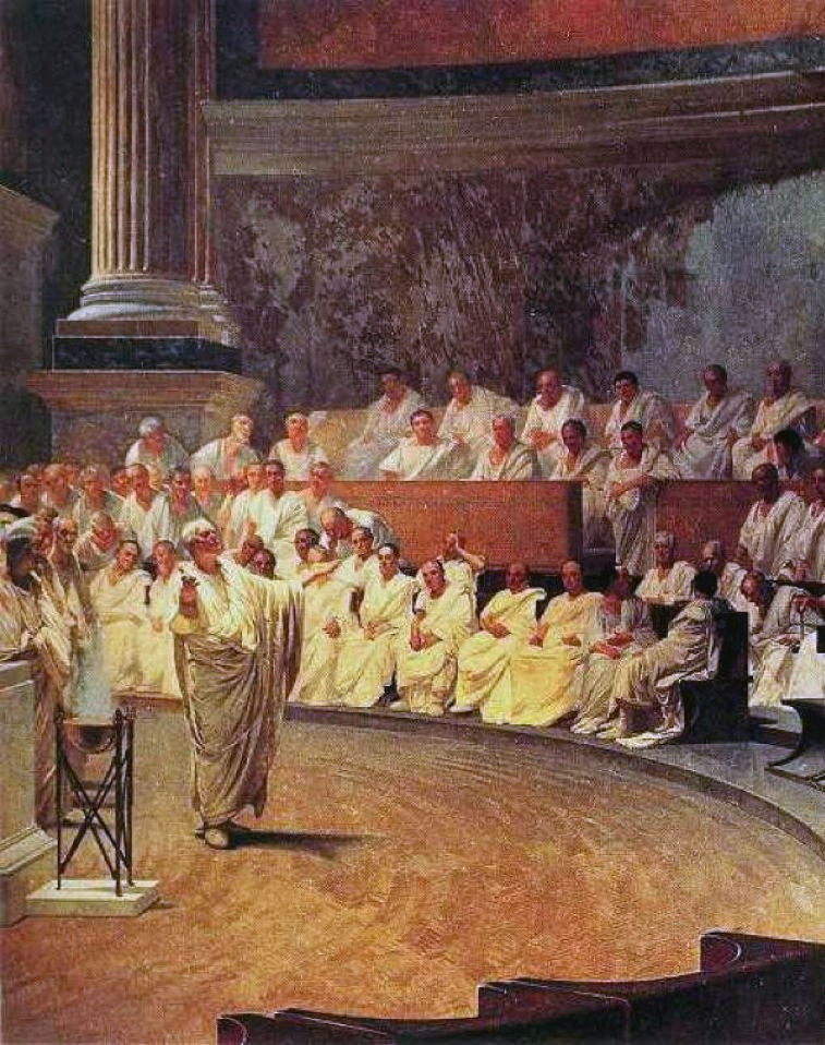 The Roman Senate debates on the Emporium Romanum and makes resultion in regards to the market place of the Roman Empire Store. Various senators are wearing a white toga.