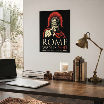 Desk with laptop, books, and a candle, featuring a 'Rome Wants You' poster on the wall.