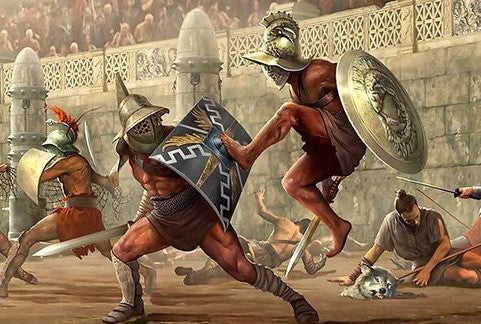Gladiators fighting against each other in front of a cheering crowd of roman empire store admirers of gladiators