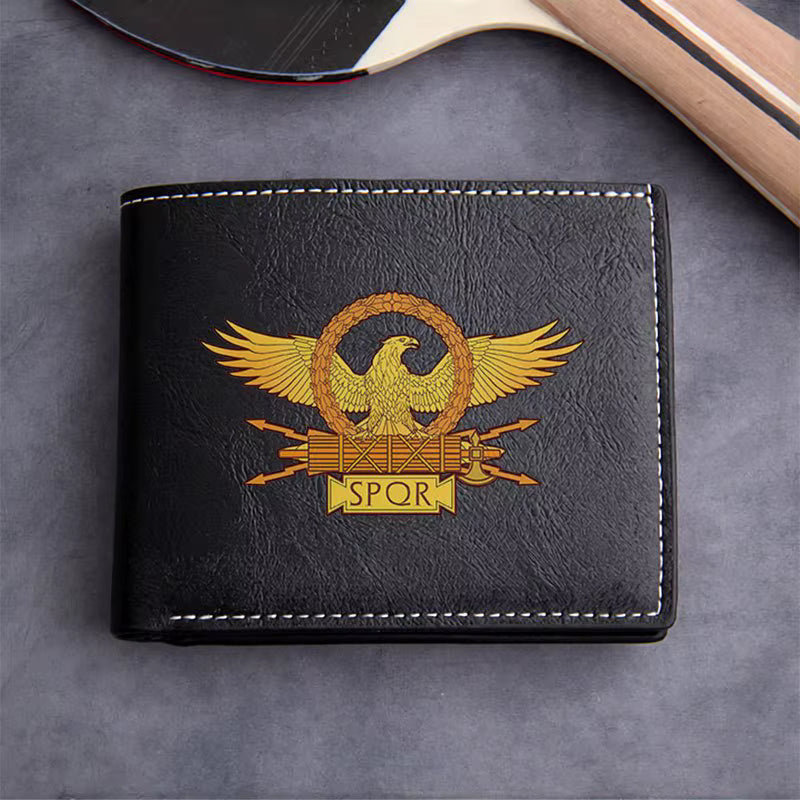Black leather wallet with gold emblem on a gray surface of the Roman Republic and Cicero